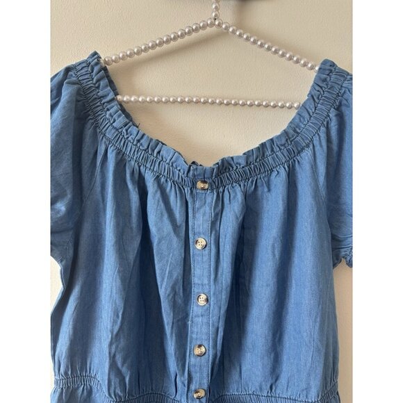 NWT MPH Collection Womens Size 3X Chambray Blue Dress Short Sleeve Ruffle Trim - Picture 2 of 8